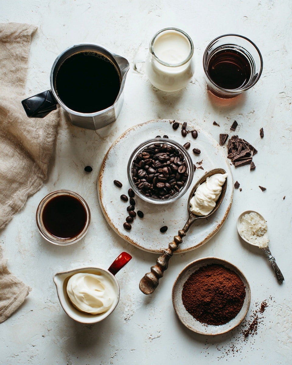 The image shows a top view of coffee-making ingredients arranged on a white marbled surface: a small stainless steel pot filled with black coffee with a black handle at the top left; a glass with dark brown liquid to its right; a clear glass cup with dark brown coffee beans inside on a worn white round wooden board scattered with coffee beans; a small glass jug of white cream with a small silver spoon resting inside on the same board; a small dark brown cup with liquid on the board; a long twisted spoon with a red tip on the right; a small white ceramic cup filled with dark coffee at the bottom left; a white plate of finely grated brown chocolate at the bottom right; a white cloth with some white cream on it near the bottom left; a piece of rough brown fabric on both left and right edges. photo taken with an iphone --ar 4:5 --v 7