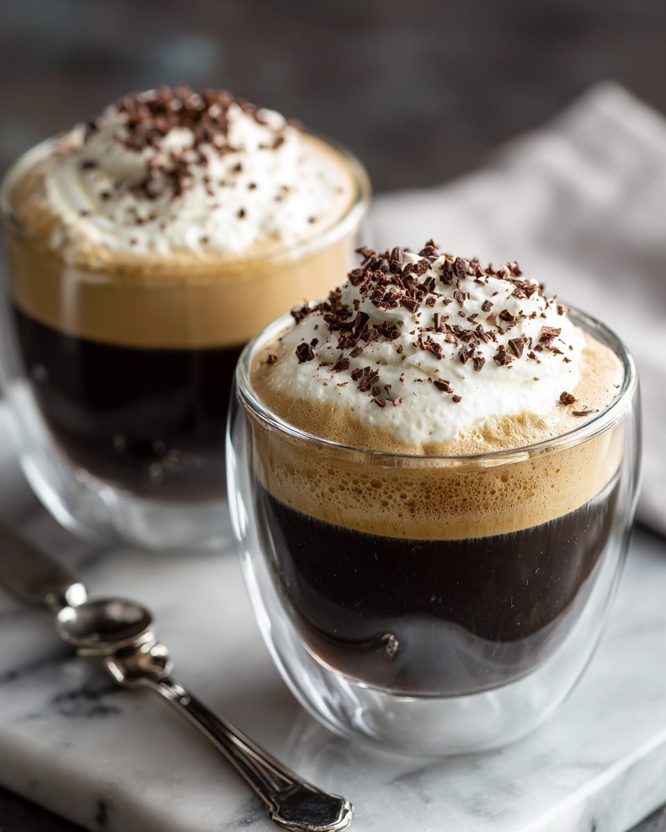 Two clear glass mugs filled with dark brown coffee with a glossy surface showing slight reflections, each topped with a thick layer of light tan frothy cream and a large swirl of bright white whipped cream sprinkled with small dark chocolate shavings. The mugs have a clear handle and stand on a short stem with a round base. They are placed on a white marbled surface with subtle grey veins, and the background is softly blurred, focusing on the drinks. photo taken with an iphone --ar 4:5 --v 7