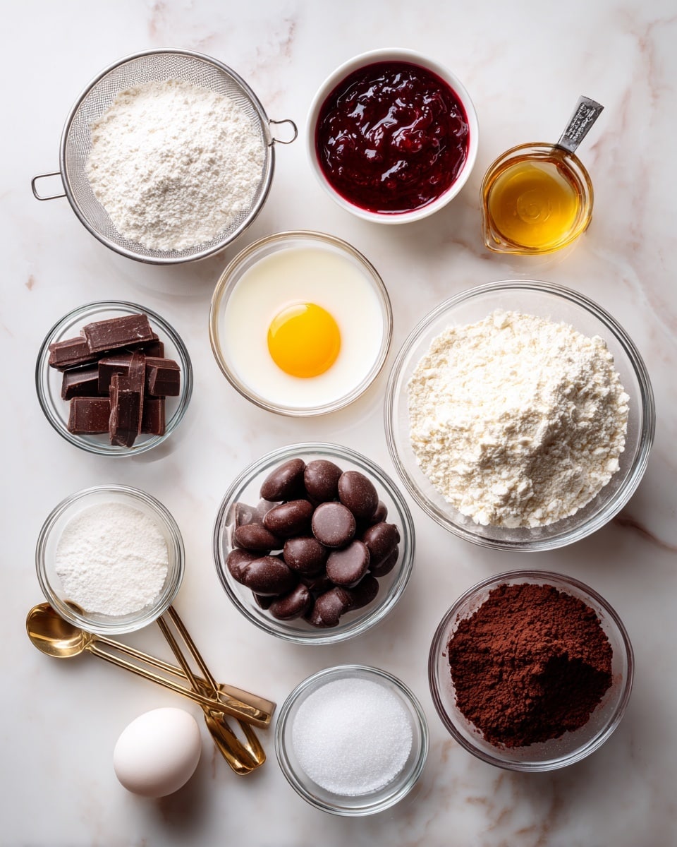 A flat lay image showing various baking ingredients arranged on a white marbled surface. From the top left, there is a small metal sieve with white powder, next to it is a small white bowl filled with deep red jam. To the right is a metal measuring cup filled with golden liquid, placed above a clear glass bowl filled with white flour. Below, a clear glass bowl holds a single raw egg with a bright yellow yolk. Next to it is another glass bowl filled with round dark chocolate pieces. Adjacent to this is a larger clear glass bowl of white milk, accompanied by two gold measuring spoons on the surface nearby. Near the bottom, there is a larger clear bowl filled with white granulated sugar, and next to it are smaller clear bowls containing white powdery ingredients and one with dark brown cocoa powder. The setup is clean, bright, and organized with a slight overhead angle, photo taken with an iphone --ar 4:5 --v 7