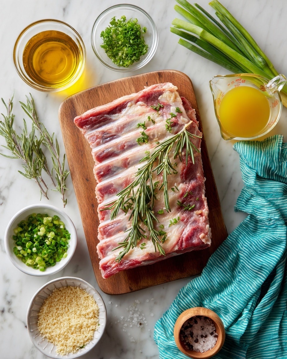A wooden cutting board holds a raw rack of ribs with pale pink bones and rich red meat, garnished with green rosemary sprigs on top. Around the board, a clear glass bowl of golden oil is at top left, with another small glass bowl containing green chopped herbs on the board above the ribs. To the right, a measuring glass jug filled with yellow marinade sits next to a bunch of fresh green onions. Below, two small clear bowls contain minced garlic and pale yellow breadcrumbs, a white bowl holds chopped green onions on the left, and next to it is a wooden container with coarse salt and black pepper. All items rest on a clean white marbled surface with a teal-striped cloth lightly folded in the bottom left corner. photo taken with an iphone --ar 4:5 --v 7