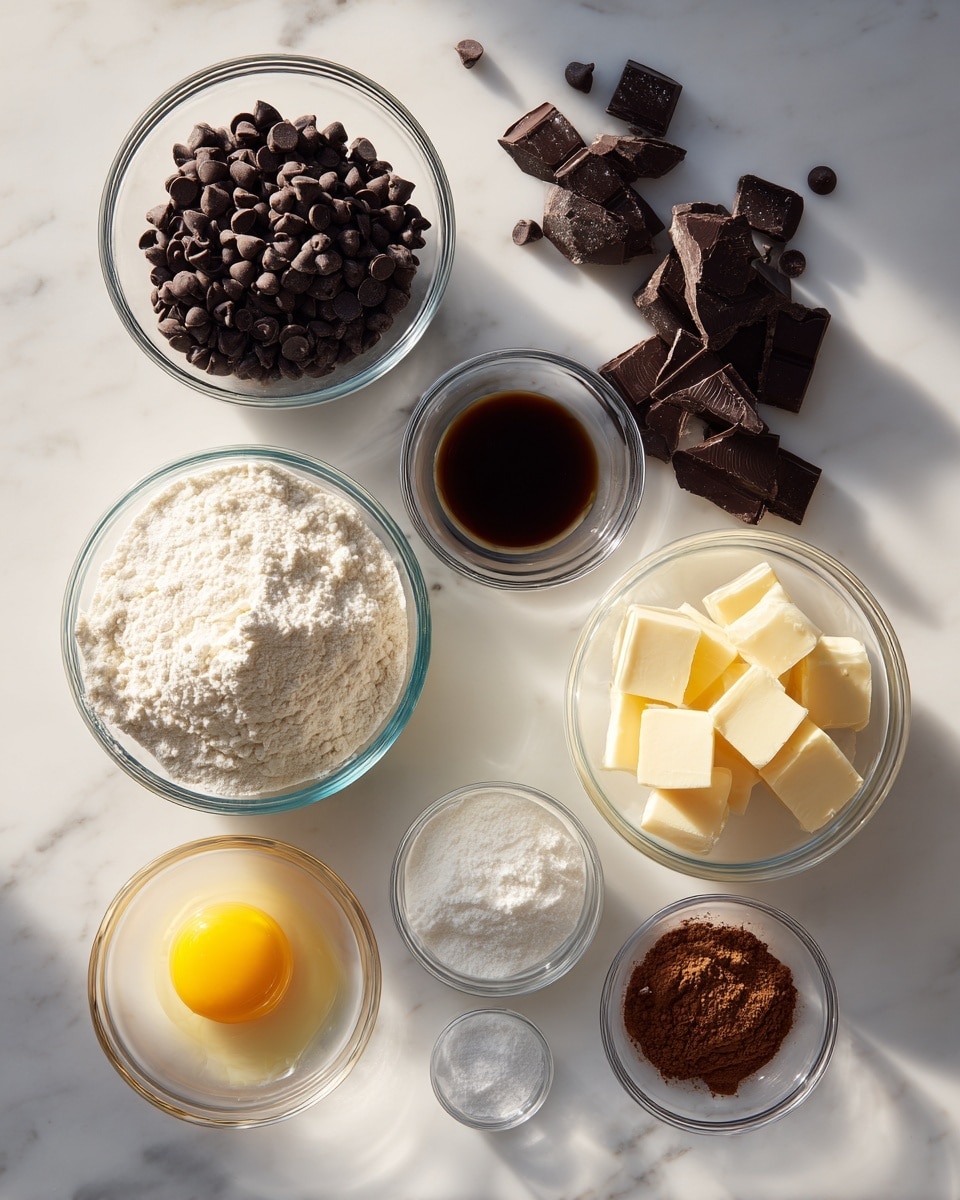 The image shows several clear glass bowls with baking ingredients placed on a white marbled surface. In the top left, there is a bowl full of dark chocolate chips, and below it, a few scattered chocolate chips and broken pieces of dark chocolate. To the right, a bowl with a raw egg, a bowl with dark vanilla-colored liquid, and another bowl with small cubes of pale yellow butter are set close together. Below these, a bowl of white flour is next to a smaller bowl with a yellow egg yolk. At the bottom, there are small bowls containing fine white powder, a dark brown powder, and an empty bowl. The arrangement is neat, and the light creates a soft shadow on the white marbled background. photo taken with an iphone --ar 4:5 --v 7