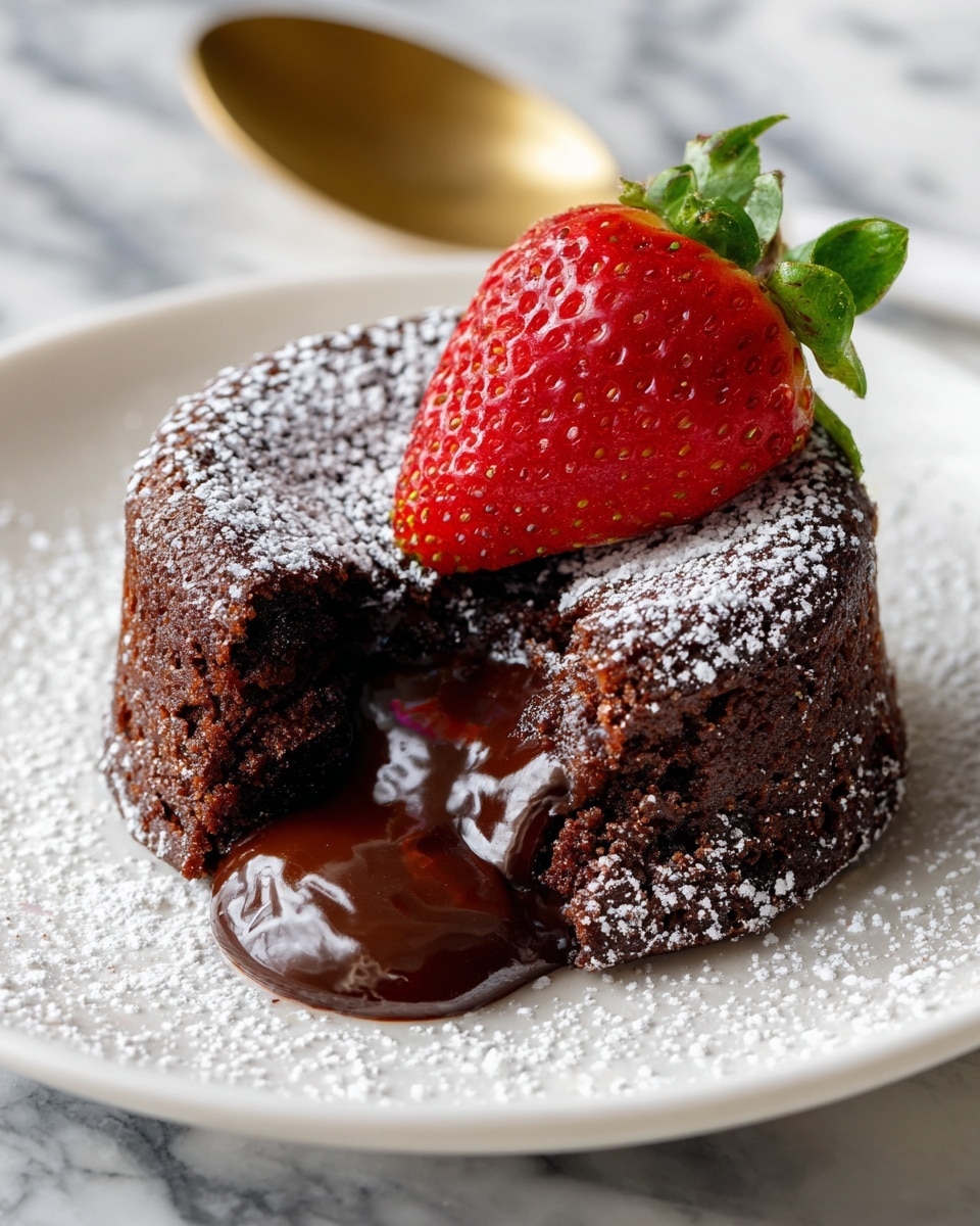 A small round chocolate cake with a soft, melted chocolate center oozing out from a bite taken on one side, topped with a fresh red strawberry sitting in the middle. The cake surface is dusted lightly with powdered sugar, sitting on a white plate that rests on a white marbled surface. A gold and white spoon lies next to the plate. The background is softly blurred with hints of dark grey kitchen appliances. photo taken with an iphone --ar 4:5 --v 7
