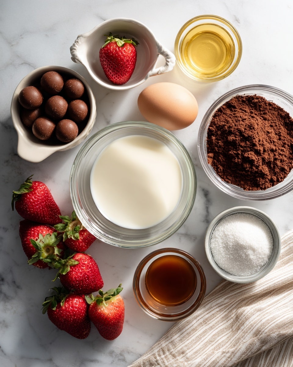 The image shows a flat lay of several small bowls and ingredients arranged on a white marbled surface. There are nine main items: a large clear glass bowl filled with white liquid in the center, a clear glass bowl of round milk chocolate pieces to the bottom left, a clear glass bowl of dark brown cocoa powder to the right of it, a small clear bowl with a golden yellow liquid to the upper right, a small white ceramic ramekin holding a single strawberry to the top left, a whole white egg to the right, a small glass bowl of brown liquid next to the milk chocolate, a small clear bowl filled with granulated white sugar near the bottom right, and several whole strawberries placed around the bowls. A folded light-colored striped cloth is partially visible at the bottom right. Photo taken with an iphone --ar 4:5 --v 7