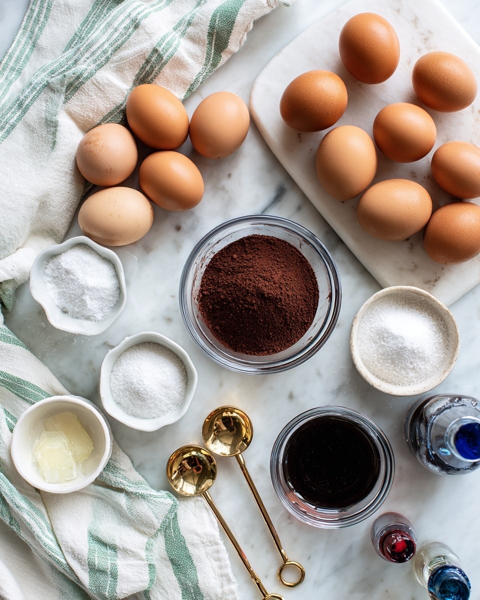 The image shows a white marbled surface with baking ingredients arranged neatly. There are ten brown eggs on a white cutting board in the upper right corner. Near the center is a small glass bowl filled with dark brown cocoa powder. Surrounding this bowl are small white bowls and glass containers holding white granulated sugar and salt. There are two gold measuring spoons, one filled with a dark powder and the other empty. On the lower right side, there is a small glass bowl with a dark liquid, likely vanilla, and blue and red food coloring bottles are partially visible. A white linen with green stripes lies on the left side under the bowls. photo taken with an iphone --ar 4:5 --v 7