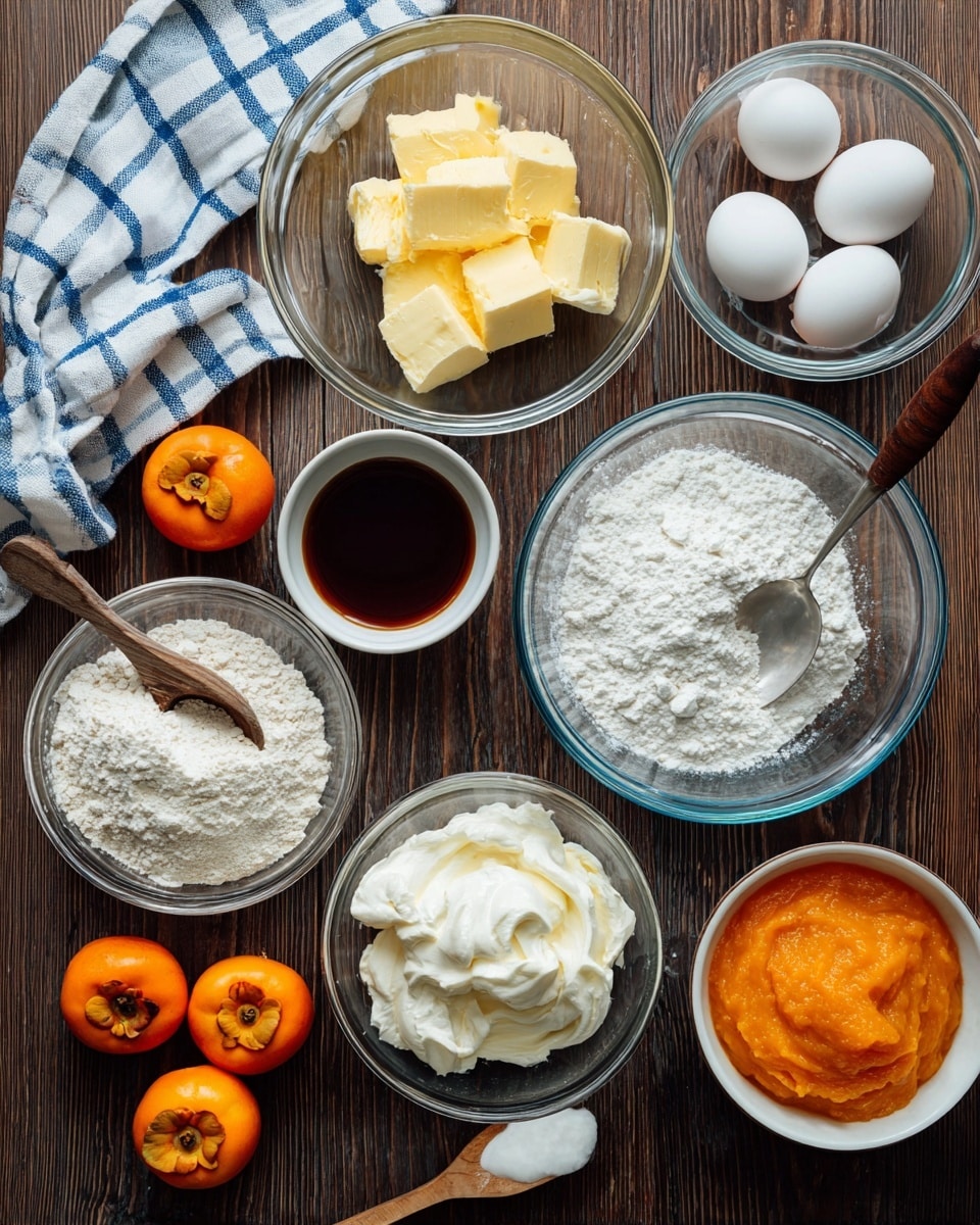 Several clear glass bowls are arranged on a dark wooden surface, each holding different ingredients. There is a bowl with pale yellow butter pieces at the top center, a bowl with white sugar below it, and a bowl filled with white cream cheese at the bottom right. A bowl with two raw eggs is located near the middle left, next to a smaller bowl of dark brown vanilla extract. Three bright orange persimmons are placed around the bowls. A bowl of orange persimmon puree with a white spoon inside is near the bottom center. A bowl with white flour and a brown-handled spoon is at the bottom left. A white and blue checkered cloth is partially visible in the left part of the image. The whole scene is set on a white marbled surface. photo taken with an iphone --ar 4:5 --v 7