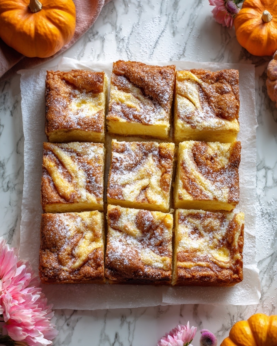 A rectangular cake is cut into 12 even squares arranged in three rows and four columns on a white marbled surface. The cake has two visible layers: a light yellow base and a top layer swirled with white and light brown giving it a marbled effect. Each piece is dusted lightly with powdered sugar which contrasts with the warm brown and creamy white swirls. The edges are slightly darker brown and crispier. A woman's hand is holding a spatula lifting one square piece from the bottom right corner. Around the cake, there are small pumpkins and pink flowers adding a cozy, autumn feel. Photo taken with an iphone --ar 4:5 --v 7