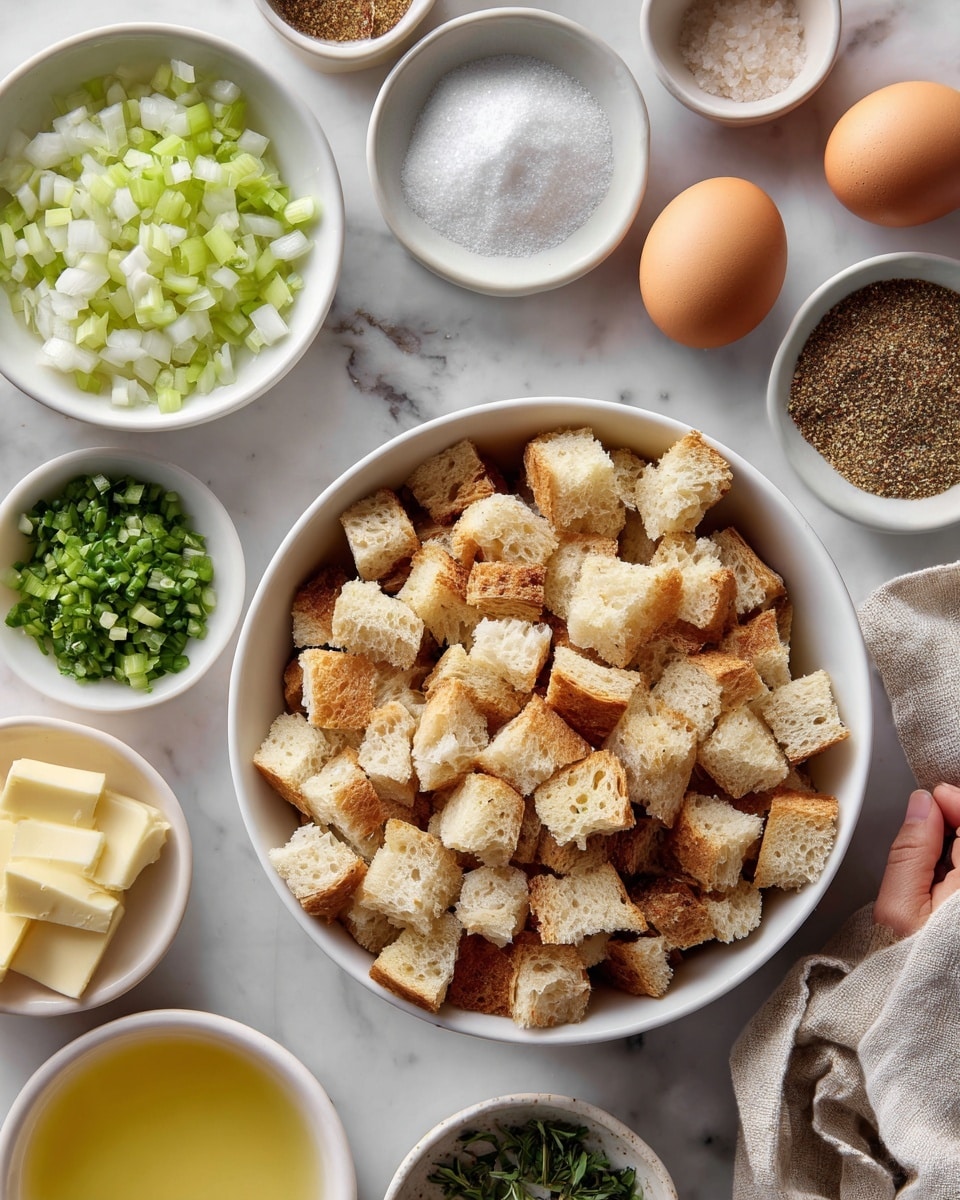 A white bowl holds many small, light brown bread cubes that fill most of the bowl. Around it, on a white marbled surface, there are small white bowls filled with different ingredients: one has chopped light green celery, another has finely chopped white onions, one holds green chopped herbs, and there is a bowl with pale yellow butter and another with light yellow liquid, likely broth. Two brown eggs rest near these bowls. Small dishes contain salt and brown spices, positioned in the background. A woman's hand is partly visible near the arrangement. photo taken with an iphone --ar 4:5 --v 7