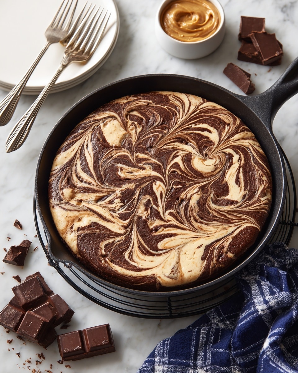 A slice of two-layered cake sits on a white plate with a white marbled surface in the background. The bottom layer is dark brown and rich in texture, while the top layer is lighter brown with a smooth, creamy swirl pattern mixing both colors. The top surface of the slice has artistic swirls blending light and dark brown shades. Two shiny metal forks rest on the plate beside the slice. In the blurred background, there are yellow and deep red flowers and a dark bowl with a wooden spoon holding a light brown spread, along with a dark pan holding more cake. Photo taken with an iphone --ar 4:5 --v 7