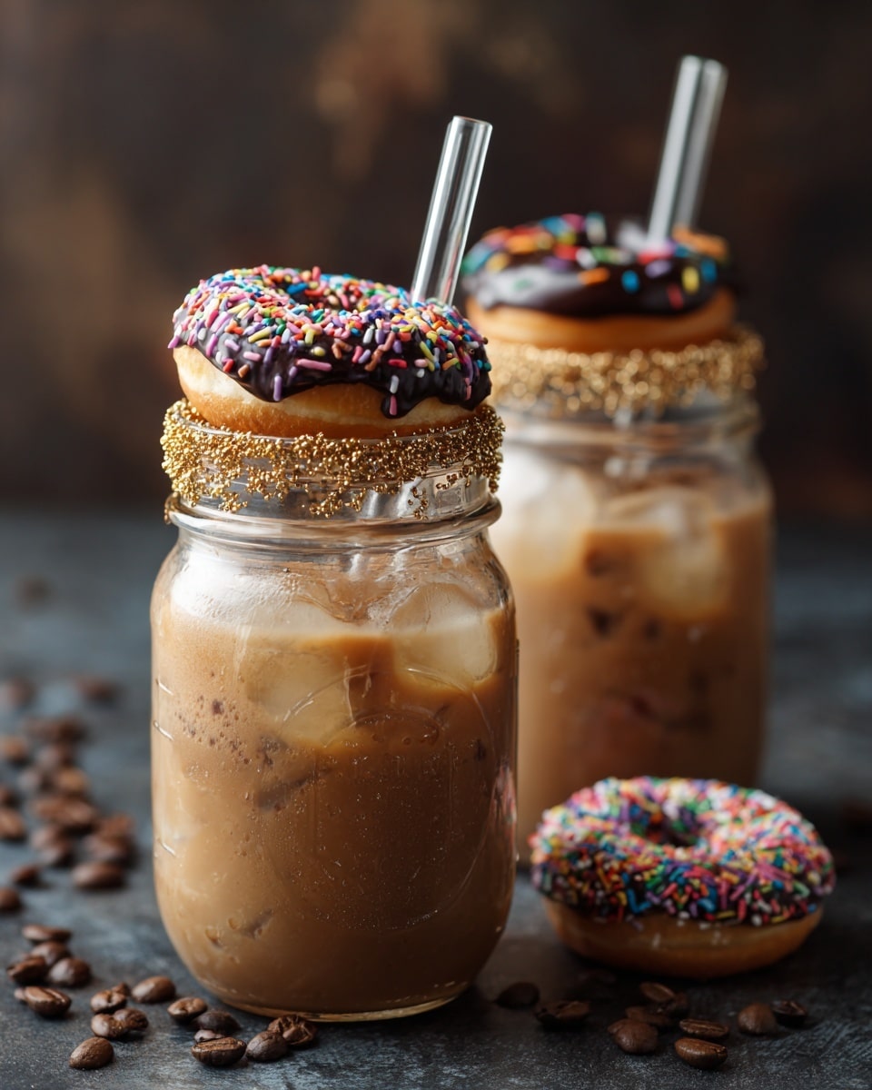 A clear glass jar filled with a creamy light brown iced drink with visible ice cubes inside. The rim of the jar is coated with large golden sugar crystals. A small white donut with dark brown sprinkles is placed on the rim on the right side. Two clear straws stand inside the jar. A dark-skinned woman's hand is holding the jar gently from the side. In the background, there is another similar jar with a chocolate donut covered in colorful sprinkles. The setting shows a white marbled textured surface. photo taken with an iphone --ar 4:5 --v 7