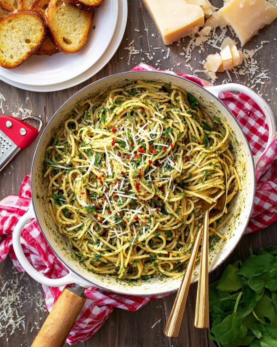 A white plate sits on a dark round mat, holding a mound of spaghetti covered in green pesto sauce, with small bits of grated cheese and red chili flakes sprinkled on top. The spaghetti has a slightly rough texture, and the sauce looks creamy with bits of herbs visible throughout. A gold fork is placed at the bottom right of the plate, touching some strands of the pasta. Around the plate, the scene shows a white marbled surface, with a corner of a red and white checkered cloth at the bottom, toasted slices of bread with a golden crust at the top, and a glass of light-colored drink to the right. Photo taken with an iphone --ar 4:5 --v 7