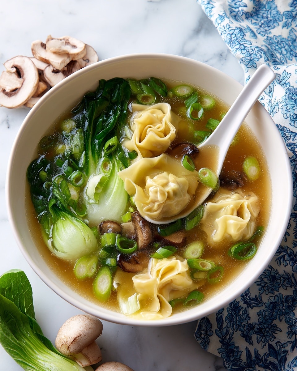 A white bowl filled with hot broth soup holds several soft, light beige dumplings, some floating in the golden-brown liquid. Floating green chopped scallions and dark green leafy vegetables add color contrast. A white ceramic spoon lifts one dumpling dripping with broth, showing the dumpling's folded, smooth texture and green herbs on top. The bowl rests on a white marbled surface with blurred leaves and sliced mushrooms in the background. photo taken with an iphone --ar 4:5 --v 7