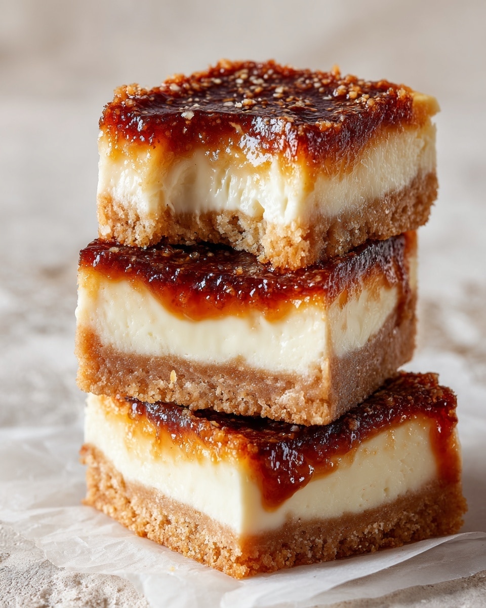 Three square bars are stacked on top of each other on white paper on a white marbled surface. Each bar has three layers: a light brown base that looks like soft bread or cake, a thick middle layer of creamy white filling with a smooth texture, and a dark brown, caramelized top layer with a shiny glaze and slightly crispy look. The top bar has a small bite taken from one corner, showing the creamy filling inside. Photo taken with an iphone --ar 4:5 --v 7