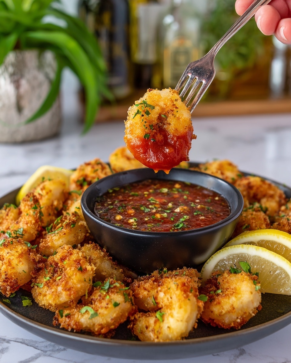A dark blue plate filled with about twenty golden brown fried shrimp arranged in a loose circle, topped with small green herb bits. On the plate, there are three bright yellow lemon wedges placed at different points around the shrimp. On the right side of the plate, a small black bowl contains red dipping sauce sprinkled with green herbs. The plate rests on a white marbled surface with a tan cloth and silver fork below it, a brass bottle opener, two green bottles at the top left, and a small bowl with lemon wedges and green parsley at the top right. Photo taken with an iphone --ar 4:5 --v 7