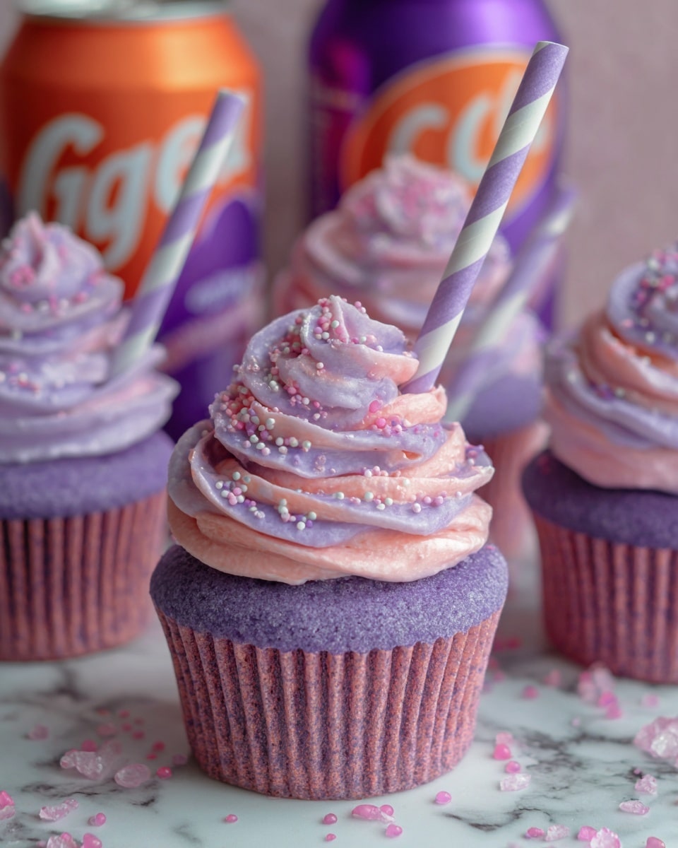 A purple cupcake with three layers is in the center: the bottom liner is light purple paper, the cake layer is darker purple, and the top swirl of frosting is bright lavender with small purple sugar sprinkles. A purple and white striped paper straw is placed angled into the frosting. Surrounding the main cupcake are similar cupcakes with the same frosting and cake colors. Behind them is a purple grape soda can with an orange slice on the label. The surface is a white marbled texture with some purple sugar sprinkles scattered around, along with extra purple and white striped straws photo taken with an iphone --ar 4:5 --v 7