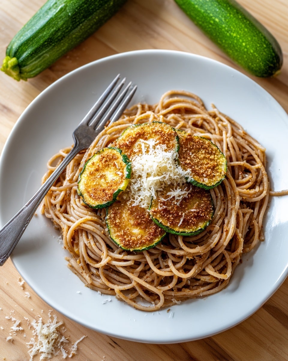 The image shows two white plates on a light wood table, each plate holding a serving of spaghetti pasta topped with grated cheese and three round slices of golden-brown fried zucchini. One plate is fully visible with a silver fork resting on the spaghetti, the fork tines slightly tangled in the pasta. The second plate is partially visible in the upper left corner. A whole fresh green zucchini is placed near the top right corner on the wooden surface. The scene has a simple, natural look. Photo taken with an iphone --ar 4:5 --v 7