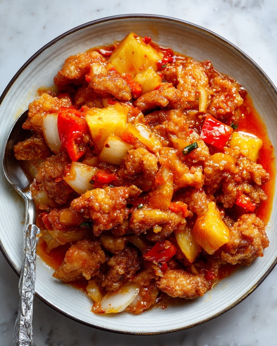 In a white bowl, there is a layer of cooked white rice mixed with green peas at the bottom, showing a soft and fluffy texture. On top, there are large chunks of orange-brown glazed chicken pieces with a shiny sauce, mixed with sautéed red bell peppers and translucent cooked onion slices. The dish is sprinkled with white sesame seeds, adding small white dots across the top. A silver spoon rests inside the bowl, and the background shows another similar white bowl and a small bowl of sesame seeds on a white marbled surface. photo taken with an iphone --ar 4:5 --v 7