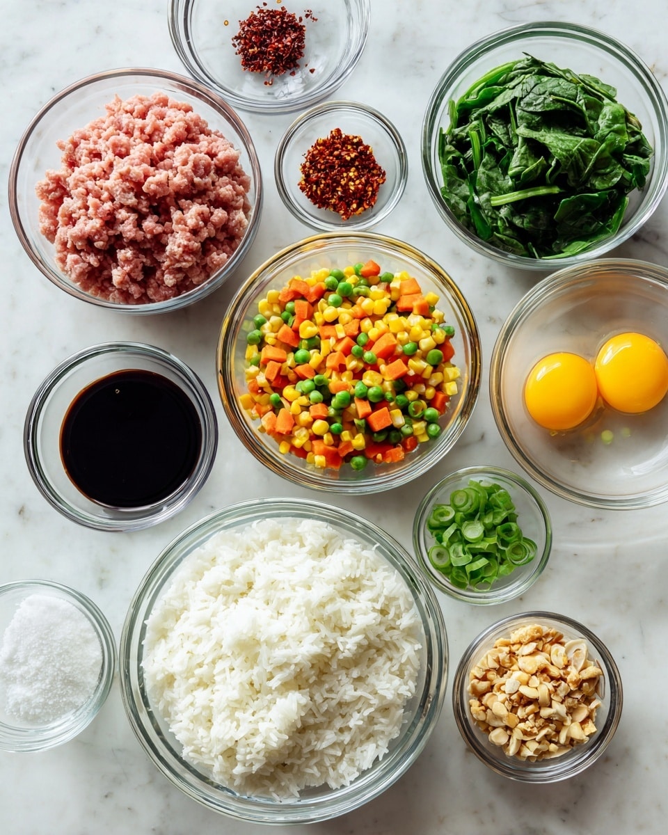 The image shows a white marbled surface with several small clear glass bowls arranged neatly. Starting from the bottom, there is a large bowl full of white cooked rice, appearing fluffy and soft. Above and slightly to the left, a bowl holds raw ground meat with a pinkish color and crumbly texture. Moving upwards in the center, a bowl contains a colorful mix of diced vegetables including orange carrots, green peas, and yellow corn. To the right of this, a bowl holds bright green chopped green onions. Above that, a larger bowl is filled with fresh leafy green spinach with a few sliced red pieces mixed in. Near the top left, there is a small bowl of black soy sauce with a smooth and shiny surface, a bowl with crushed red chili flakes, and another with crushed brown nuts or seasoning. At the top right, there is a glass bowl with two whole raw eggs, their yellow yolks and transparent whites clearly visible. The overall look is fresh and organized, with all ingredients ready for cooking. Photo taken with an iphone --ar 4:5 --v 7