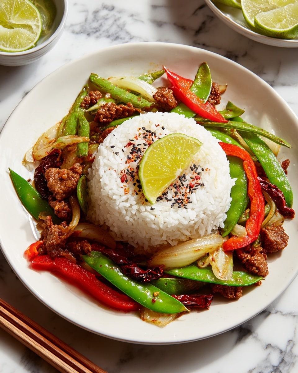 A white bowl filled with a dome-shaped mound of white rice in the center, topped with black pepper and a bright yellow-green lime wedge. Around the rice, there is a colorful stir-fry of brown cooked chicken pieces, green snap peas, red and green bell pepper strips, caramelized onions, dark red dried chilies, and chopped green onions. The bowl is placed on a white marbled surface, with another similar bowl and a small white bowl with lime wedges in the background, along with wooden chopsticks resting on the side. photo taken with an iphone --ar 4:5 --v 7