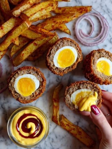 Delicious Homemade Scotch Eggs with Crispy Potato Wedges and Fresh Salad Recipe