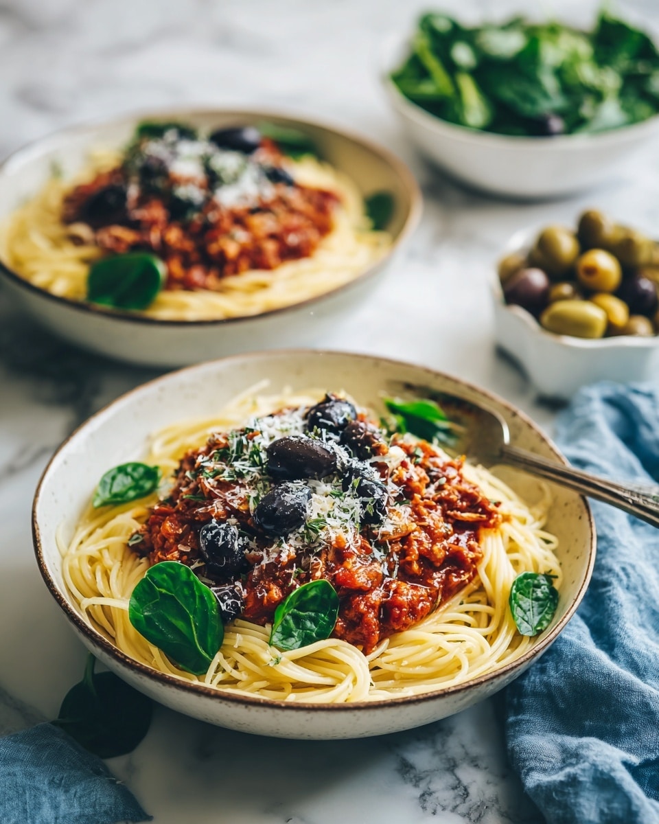 Two white speckled bowls filled with spaghetti form the base layer, their light yellow noodles twisted and piled high. On top is a chunky red tomato sauce with small pieces of ground meat and bits of green and black olives scattered throughout. Bright green spinach and leafy greens add color, placed around and mixed in the pasta. Generous shreds of white cheese cover the sauce, adding a fresh, textured layer. One bowl has a silver fork resting inside, and the setting includes some scattered cheese shreds on a white marbled surface with a light blue cloth nearby. photo taken with an iphone --ar 4:5 --v 7