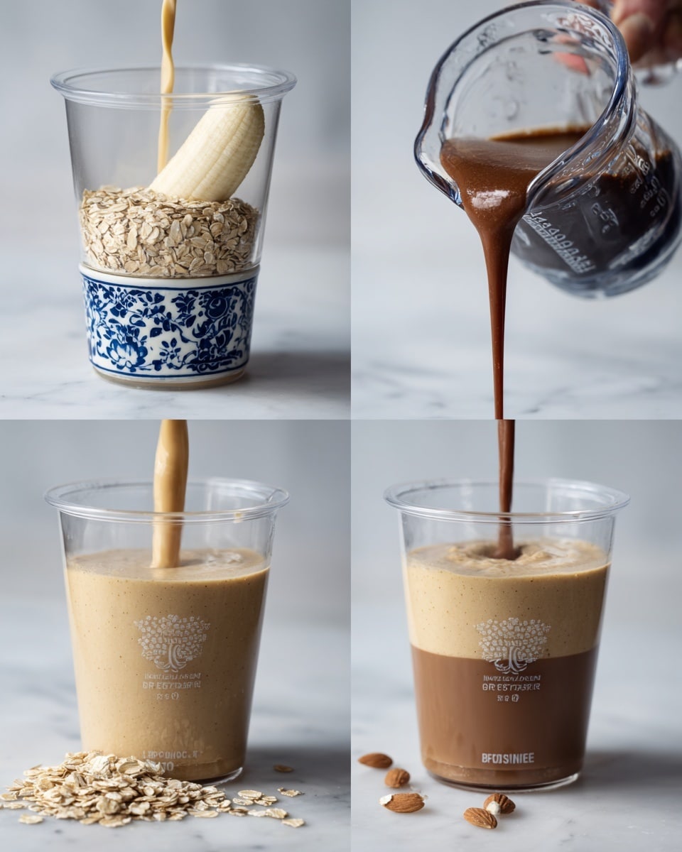 A clear plastic cup shows four stages of making a smoothie on a white marbled surface scattered with almonds. In the first stage, dry oats form the bottom layer with a peeled banana placed on top, and a delicate blue-and-white patterned jug is pouring water into the cup. In the second stage, a light beige liquid, likely almond milk, is poured into the cup over the oats and banana. The third stage displays the cup blended smoothly in a black Breville blender, showing a thick creamy beige mixture inside. In the final stage, a rich brown chocolate or syrup layer is poured from a glass container into the top of the beige smoothie in the cup, creating a two-toned look with the brown pooling at the bottom and the beige layer resting above it. photo taken with an iphone --ar 4:5 --v 7