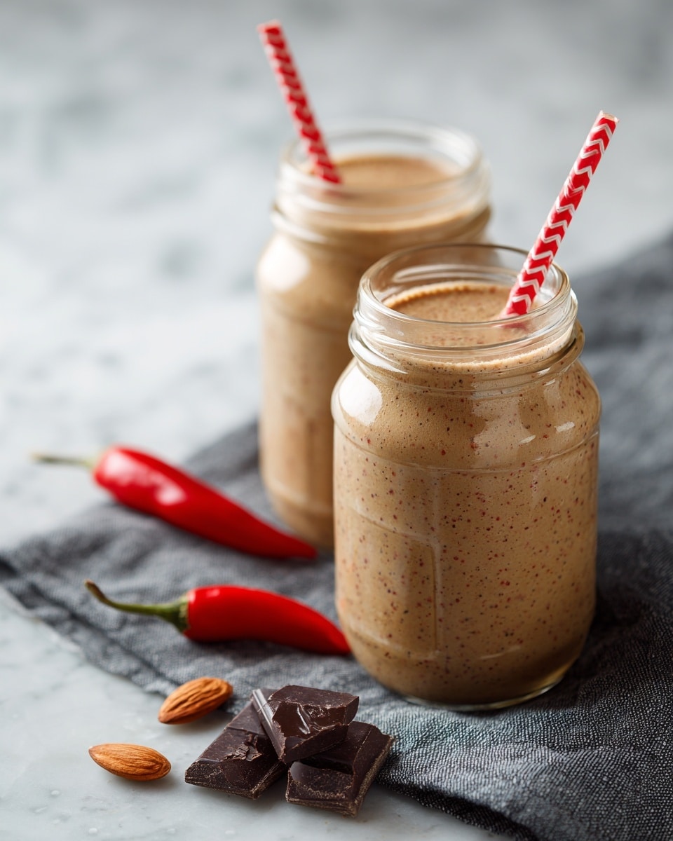 The image shows a creamy light brown smoothie served in a clear glass jar with a red and white striped paper straw. A bright red chili pepper with a green stem is placed on the rim of the jar, giving a pop of color. In the background, there is a second jar with the same smoothie and a similar chili pepper on the rim. The jars sit on a dark gray cloth with some scattered almonds and a piece of dark chocolate in front. The background is a blurred, dark textured surface. photo taken with an iphone --ar 4:5 --v 7