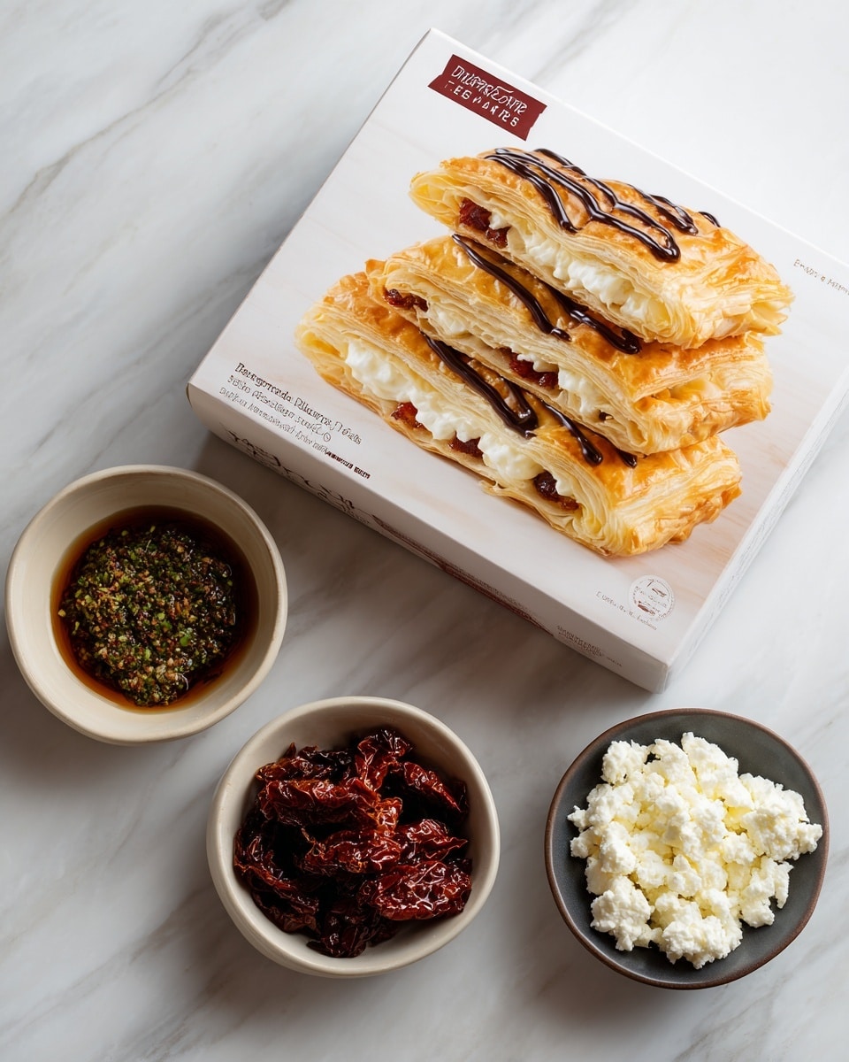 A white box of Pepperidge Farm Puff Pastry Sheets with a photo of layered puff pastry on the right side, showing three golden brown flaky layers filled with white cream and red jam, topped with a drizzle of dark chocolate. Below the box on a white marbled surface, three small round bowls are arranged: the top right one holds dark red sun-dried tomatoes with a dry texture, the top left one contains a green herb sauce with a slightly chunky texture, and the bottom one has white crumbly cheese in a small dark bowl. Photo taken with an iphone --ar 4:5 --v 7