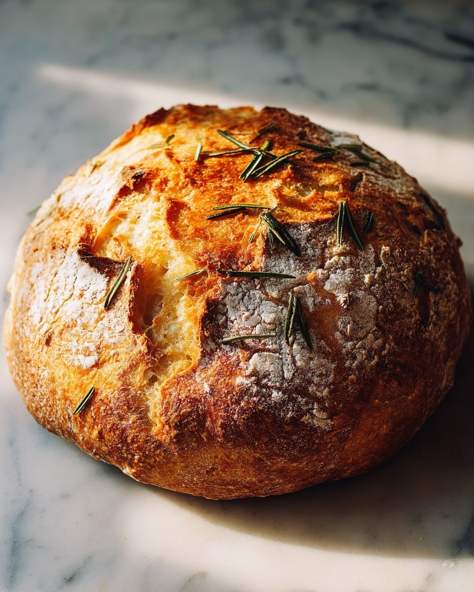 A round loaf of bread with a rough, cracked crust sitting on a wooden cutting board. The crust is golden brown with patches of white flour and is covered with small green herb leaves embedded in the surface. The bread has an uneven, rustic texture and looks thick and crusty. Photo taken with an iphone --ar 4:5 --v 7