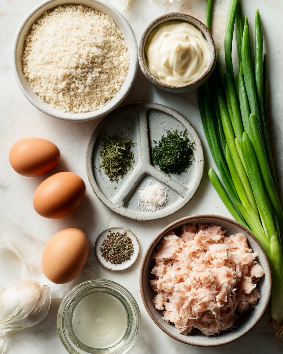 A flat lay of raw ingredients arranged on a white marbled surface: a white bowl filled with pale beige panko breadcrumbs on the left, next to a small ceramic gray bowl containing creamy white mayonnaise above it; a small round plate with divided piles of green dried herbs, white salt, black pepper, and other spices in the center; a larger gray bowl on the right filled with chunky light pink tuna flakes; two smooth brown eggs lying beside the bowl; a cluster of bright green long spring onions extending from the bottom right corner; and a clear glass container with a bit of liquid at the bottom near the center. photo taken with an iphone --ar 4:5 --v 7