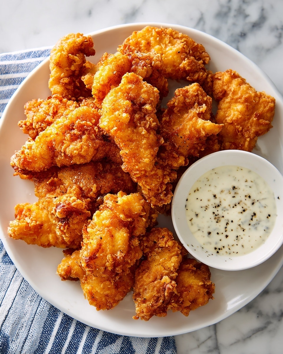A white round plate holds about ten pieces of crispy fried chicken strips with a rough, crunchy texture and golden brown color, layered casually to fill the plate. On the top right side of the plate, there is a small white bowl filled with smooth, creamy white dipping sauce that has some tiny black pepper spots. The plate rests on a white marbled surface with a blue and white striped cloth partially visible underneath. photo taken with an iphone --ar 4:5 --v 7