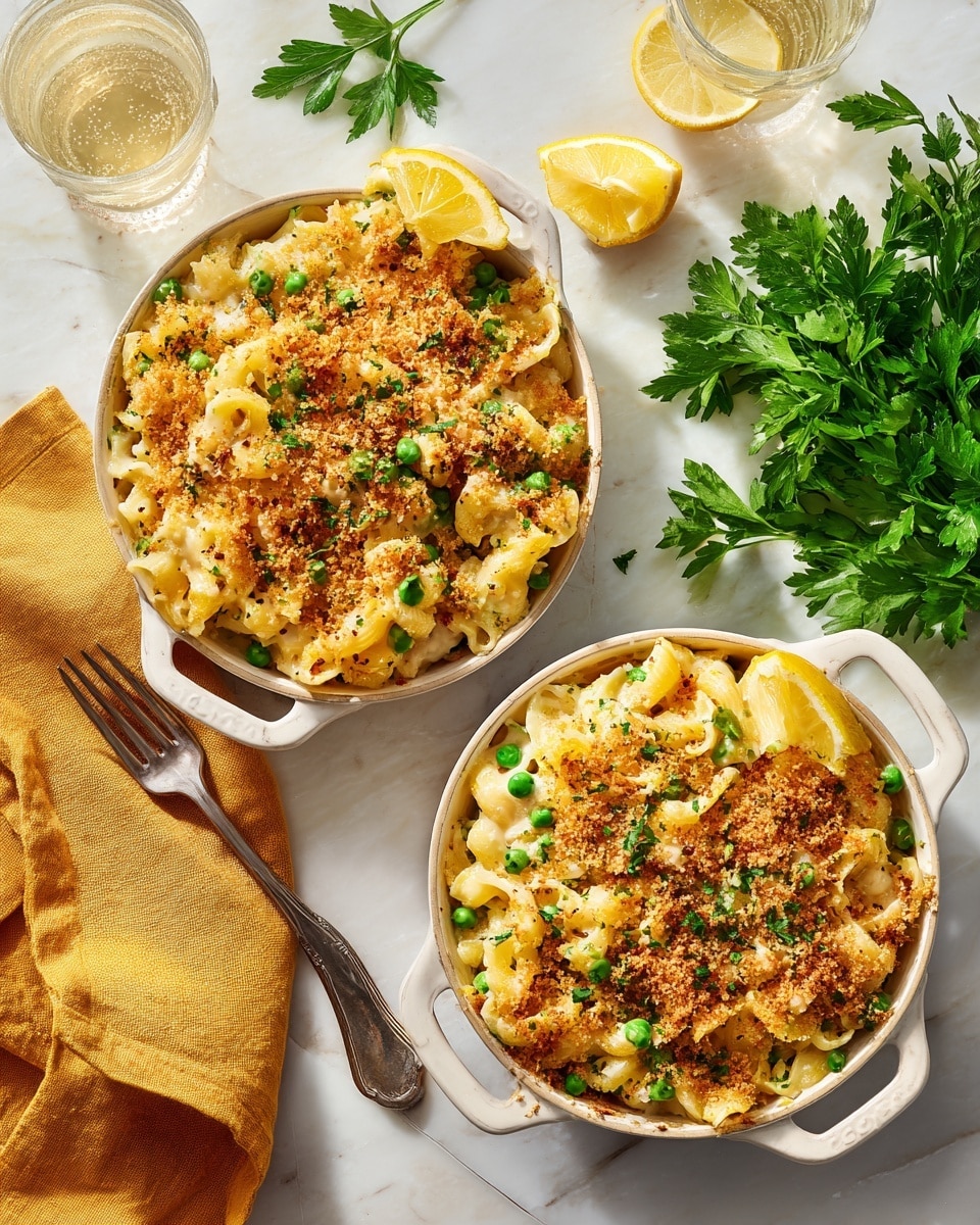 A white small pot filled with a layered casserole dish, starting with a creamy mix of light beige pieces of shredded meat, bright green peas, and light green celery chunks. On top is a thick layer of golden brown breadcrumbs with a slightly crunchy texture. A silver fork is digging into the casserole, lifting some of the layers. A bright yellow lemon wedge is placed on the right edge inside the pot. The pot sits on a white marbled surface with green leaves blurred in the background and a glass of light-colored drink to the top right. Photo taken with an iphone --ar 4:5 --v 7