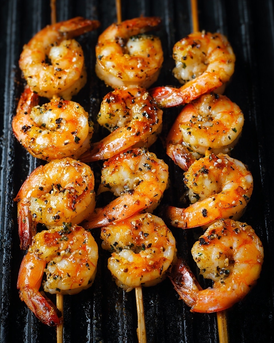 Two wooden skewers hold six cooked shrimp each, arranged in a straight line, slightly curled and spaced evenly along each skewer. The shrimp are pink-orange with light grill marks and small black pepper specks on them, contrasting against the dark grilled surface below. The shrimp tails are on the top side, and the shrimp have a shiny, slightly moist texture, showing they are freshly grilled. The background is a dark grill with parallel lines. photo taken with an iphone --ar 4:5 --v 7