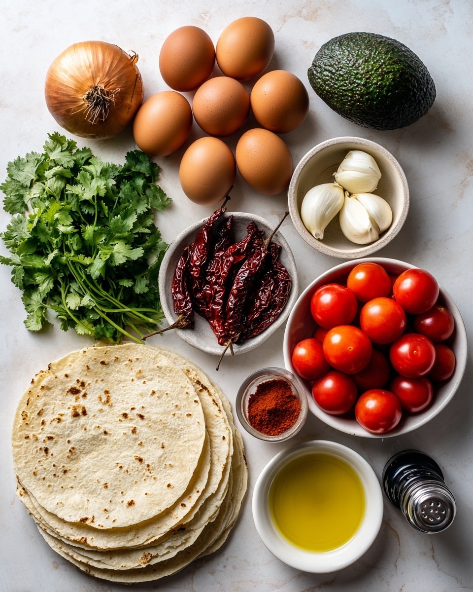 A flat lay of ingredients on a white marbled surface featuring a stack of light beige corn tortillas at the bottom left, next to a bunch of fresh green cilantro with thin stems and leafy tops. Above the tortillas and cilantro is a ripe dark green avocado and a light brown onion with dry roots. At the top center are eight brown eggs arranged in a curved line. To the right of the eggs is a small round bowl with three light cream garlic cloves, and next to it a white bowl filled with dark red chipotle chilies. Below the chilies is another white bowl with dark reddish-brown chili powder. In the center, a white bowl holds many bright red tomatoes with shiny skin. At the bottom right is a small white bowl filled with golden yellow olive oil beside a glass salt and pepper grinder. Each ingredient is clearly visible and well spaced. Photo taken with an iphone --ar 4:5 --v 7