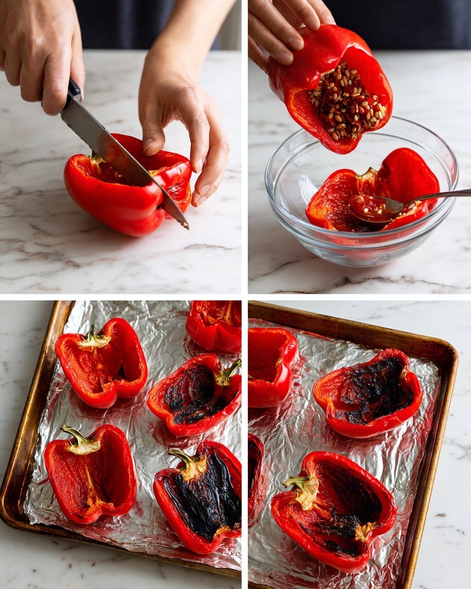 The image shows four steps of preparing roasted red bell peppers on a white marbled surface. In the first step, a woman's hand holds a knife cutting a large red bell pepper in half to show the inside with seeds. In the second step, a woman's hands use a spoon to scoop out seeds from one pepper half into a clear glass bowl, with the other half resting on the surface. The third step shows eight whole red pepper halves evenly placed on a baking tray lined with foil, showing their smooth, bright red outer skin facing up. The fourth step displays the same pepper halves on the foil-lined tray after roasting, their skin blackened and blistered, with some parts charred and wrinkled. Photo taken with an iphone --ar 4:5 --v 7