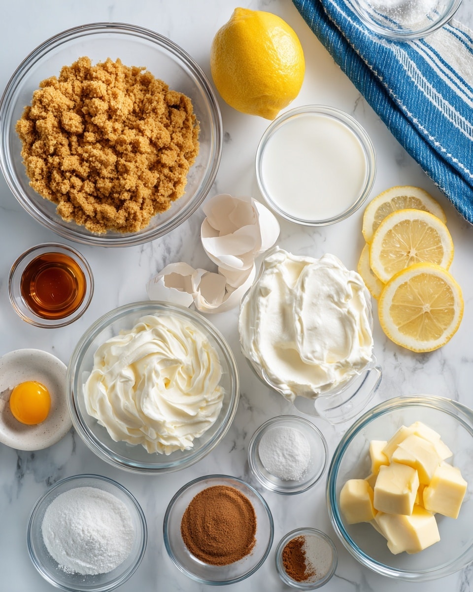The image shows an overhead view of various clear glass bowls and small dishes arranged neatly on a white marbled surface. The largest bowl at the top left contains yellowish-brown crumbs, likely crushed graham crackers. To its right is a smaller round bowl filled with white liquid, and above it sits a bright yellow lemon. In the middle of the image, a large bowl holds a fluffy white creamy substance. Below it, a small bowl contains yellow cubes of butter. To the left, a small bowl has two cracked eggs with yellow yolks. Scattered around are various small glass dishes holding white sugar, white powder, lemon zest, cinnamon, liquid vanilla, and other baking items, along with lemon slices placed on the surface. A blue and white striped cloth is partially visible in the top right corner. photo taken with an iphone --ar 4:5 --v 7