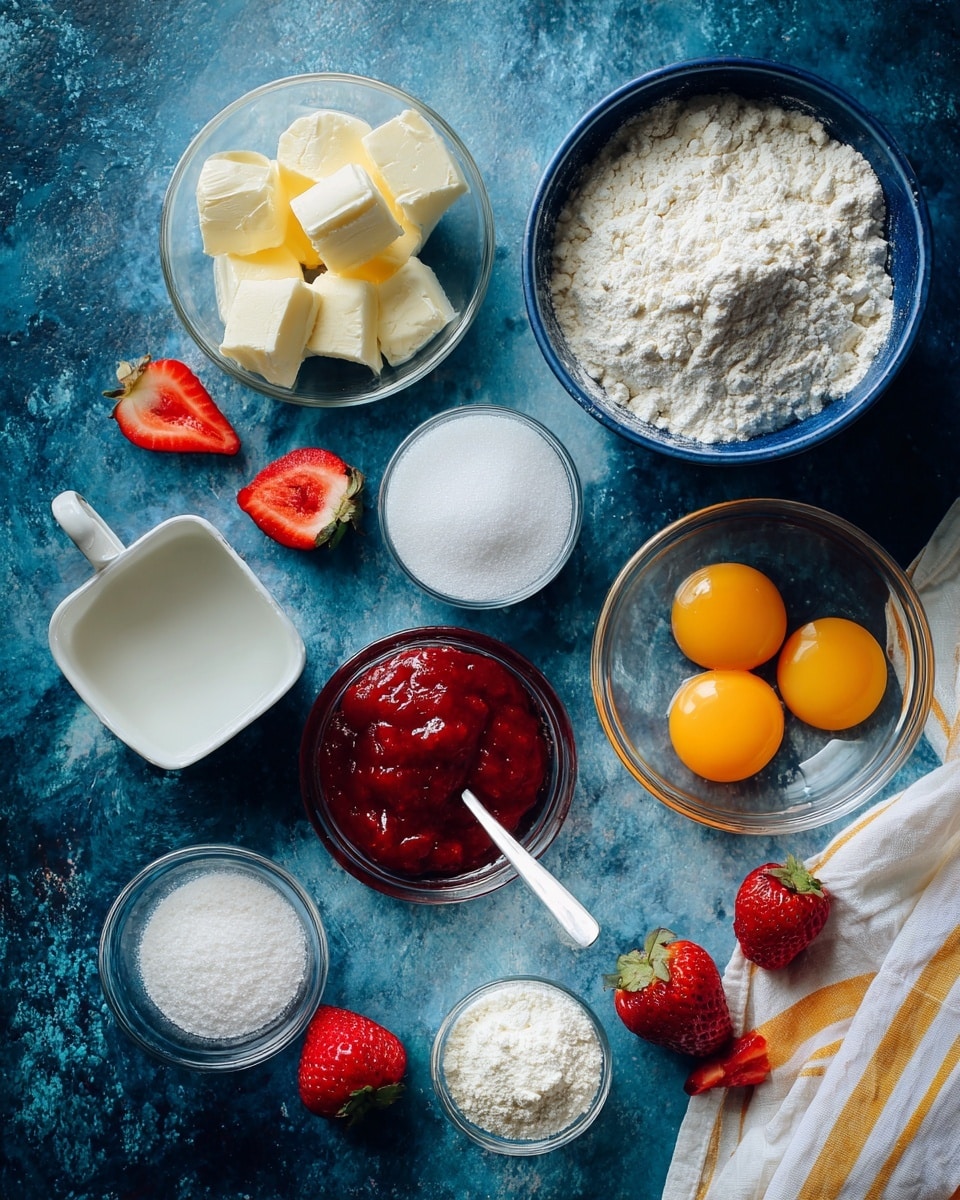 Top view of baking ingredients placed on a dark blue surface with a white marbled texture. There is a large round blue bowl full of white flour at the top right, next to a white cup of cubed butter. Below the butter is a clear square bowl of white sugar. To the right of the sugar is a clear round bowl with three cracked eggs showing bright yellow yolks. Above the eggs is a small white bowl with thick red jam and a white spoon inside it. Two small clear bowls of white powders, likely salt and baking powder, are placed to the left of the jam. Several halves of fresh red strawberries are scattered around the arrangement. A white cloth with yellow and grey stripes is partly visible on the right edge. Photo taken with an iphone --ar 4:5 --v 7