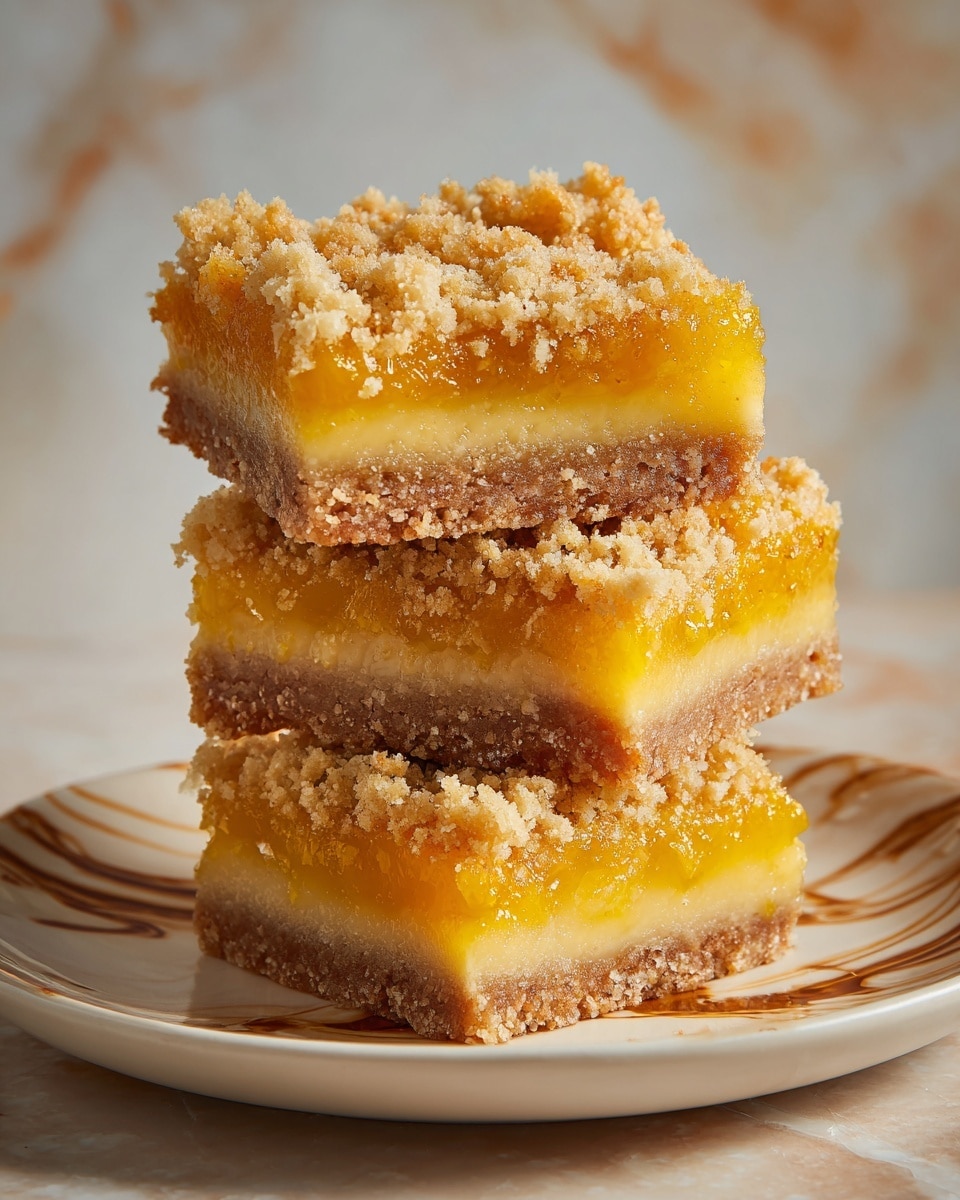The image shows a close-up of a stack of three square dessert bars, each with three visible layers. The bottom and top layers are crumbly and light brown, resembling a baked crust with a slightly rough texture. The middle layer is thick and golden-yellow, with a soft, slightly chunky texture that looks like fruit filling or custard. The dessert bars are placed on a white plate with brown brush stroke designs, set on a white marbled surface. The background is softly blurred with hints of green and brown. photo taken with an iphone --ar 4:5 --v 7