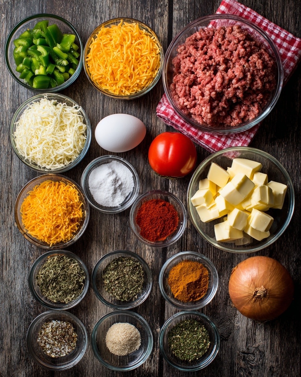 The image shows many small glass bowls with different ingredients arranged on a dark wooden surface, changed to a white marbled texture. Starting from the top left, there is a bowl of chopped green bell peppers, next to it a bowl full of shredded orange cheese. Below these, a large bowl is filled with raw ground meat, and to its right are three smaller bowls with salt, red spice powder, and baking powder. To the far right, there is a whole brown onion sitting on a red and white checkered cloth. Below the meat bowl, a glass bowl holds a raw egg, next to it a whole red tomato. In the center right, a bigger bowl contains cubed pale yellow butter, and next to it a small bowl has minced garlic. Along the bottom row are multiple small bowls with various ground spices and dried herbs, including black pepper, oregano, ground coriander, parsley, and tomato paste, all neatly placed in a scattered line. photo taken with an iphone --ar 4:5 --v 7