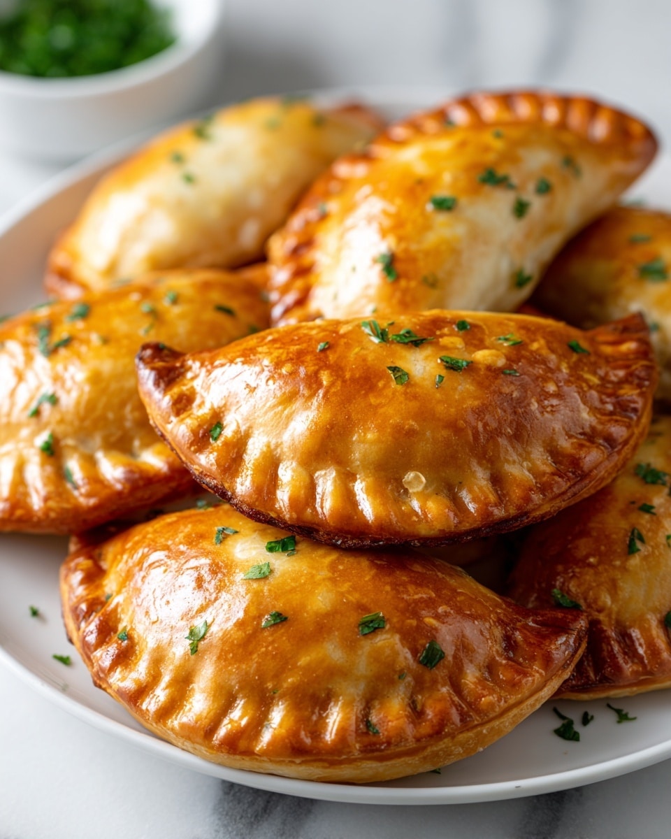 A white plate filled with golden brown small half-circle empanadas, each with a slightly crispy texture and crimped edges, sprinkled lightly with chopped green herbs. The empanadas are piled on top of each other, showing their smooth and shiny baked crust. A woman's hand holding a metal knife is cutting one empanada in the center. The plate is set on a surface with a white marbled texture. Bright red tomatoes and some green leaves are slightly visible in the bottom corner of the image. photo taken with an iphone --ar 4:5 --v 7