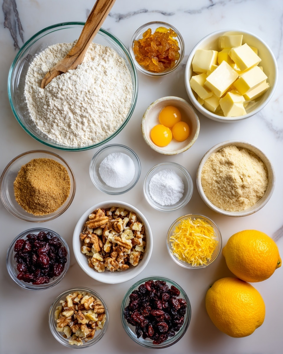 A top view of many clear glass and white bowls arranged on a white marbled surface, each holding different baking ingredients: a large bowl with white flour and a wooden spoon, a bowl with cubed pale yellow butter, a bowl with four raw eggs showing bright yellow yolks and clear whites, a bowl with light brown sugar crumbs, a bowl with small golden raisins, a bowl with dark red dried cranberries, a bowl with mixed nuts and dried fruits, a small bowl of grated orange peel, a small bowl of grated yellow lemon peel, three tiny bowls with white salt and baking powders, two halves of a bright orange, and one whole yellow lemon at the bottom right corner photo taken with an iphone --ar 4:5 --v 7