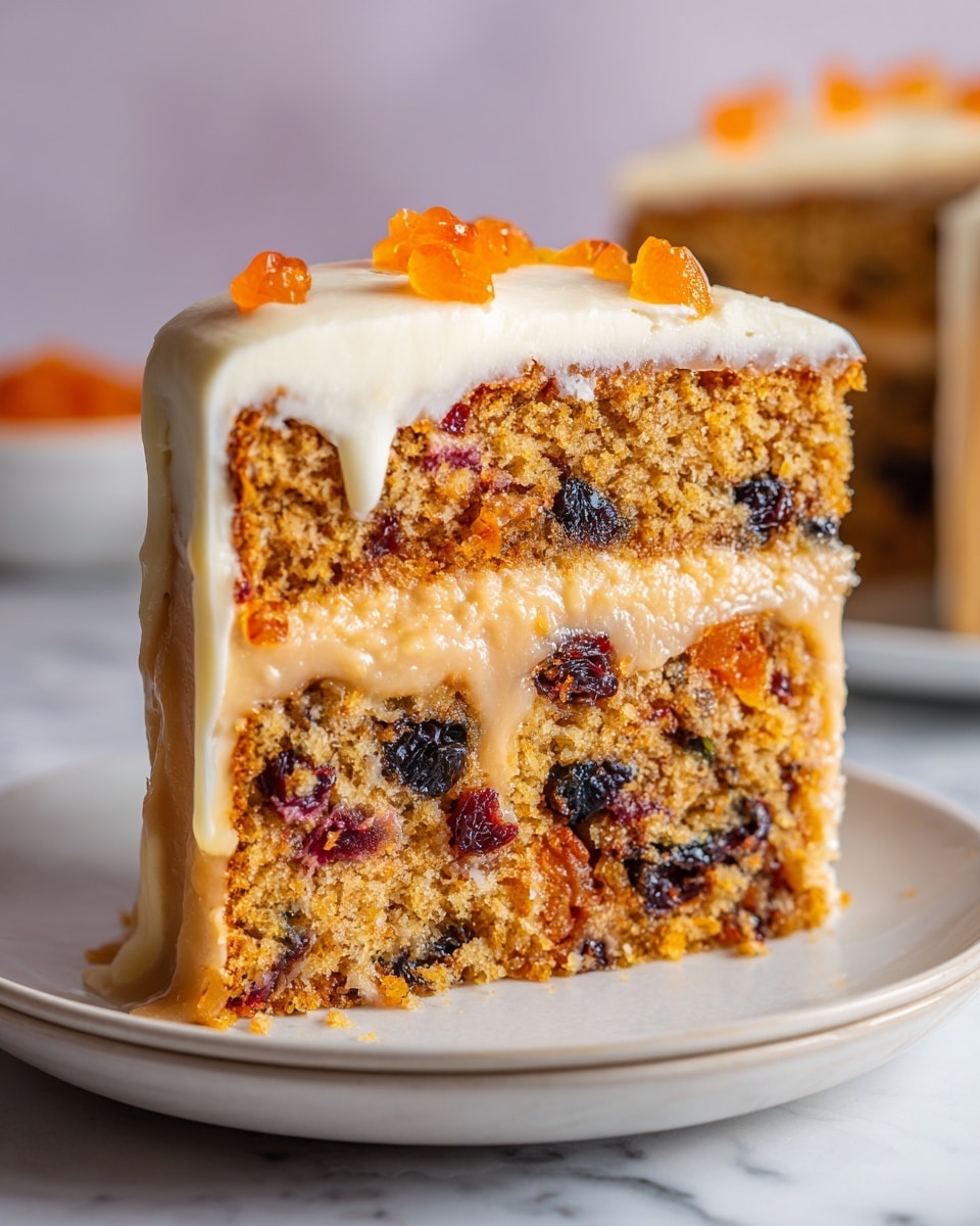 A close-up of a slice of fruit cake on a white plate with a white marbled background. The cake has three visible layers: the bottom layer is a dense brown crumb with bits of mixed dried fruits, the middle layer is moist yellowish cake filled with dark raisins and red berries, and the top layer has a thick white icing spread over part of the slice. There is also a shiny caramel-colored glaze draped over one side with small pieces of orange fruit on top. photo taken with an iphone --ar 4:5 --v 7