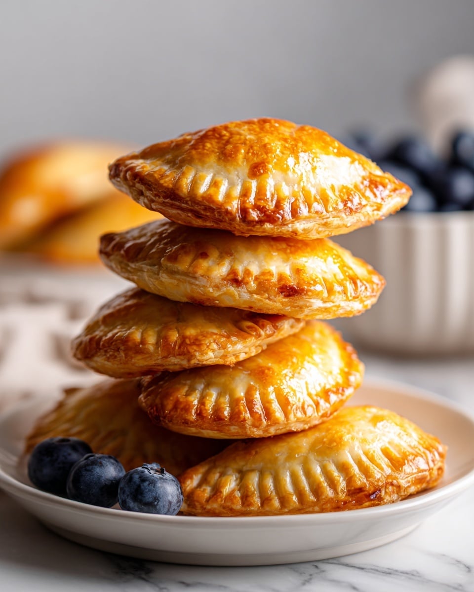 The image shows a pile of golden brown empanadas with a shiny, smooth crust and crimped edges, stacked on a white plate. The empanadas have a warm, baked texture with slight browning at the seams. Around the plate, there are a few fresh dark blue blueberries adding a pop of color. The background features a white marbled surface, and a blurred white bowl filled with blueberries can be seen behind the plate, giving depth to the scene. photo taken with an iphone --ar 4:5 --v 7
