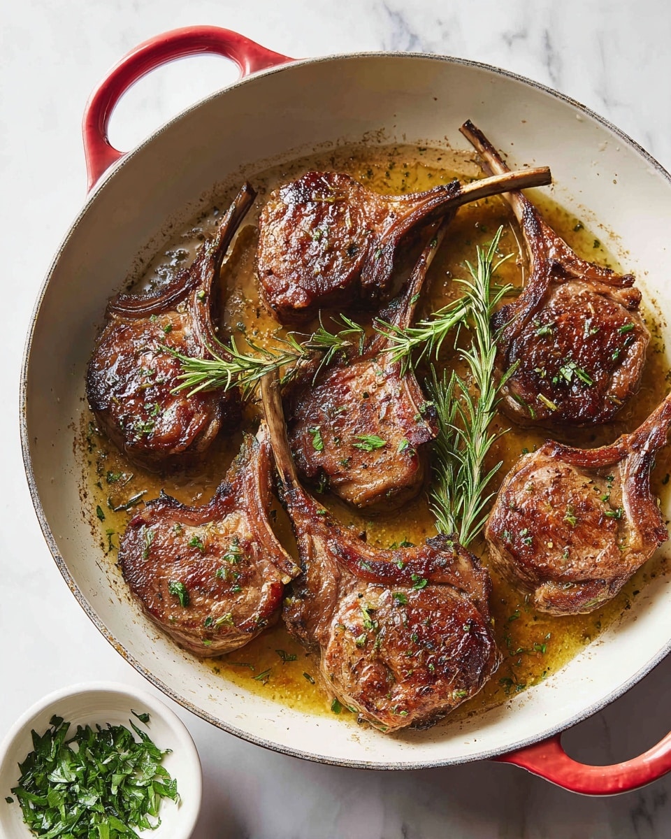 The image shows five lamb chops in a white pot with a red outer edge, sitting in a golden-brown sauce with herbs and oil. The lamb chops have a crispy brown top layer with some salt sprinkled on them, and the bones extend outward catching the eye. There are two fresh green rosemary sprigs placed on top and around the meat, adding a pop of color. The pot rests on a white marbled surface with a small bowl of chopped green herbs visible to the side. The whole scene feels warm and savory, with the sauce pooling around the meat, reflecting light softly. photo taken with an iphone --ar 4:5 --v 7