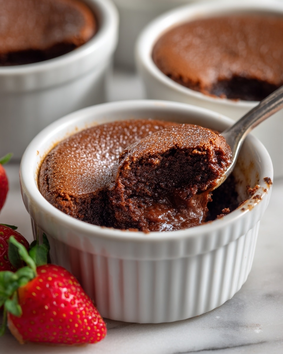 The image shows three white ramekins filled with a cracked chocolate dessert, likely a molten chocolate cake. The front ramekin has a silver spoon stuck into its rich, dark brown chocolate filling with a soft, bubbly texture and a lighter, slightly crisp top layer breaking apart. The ramekin behind it shows a smoother top with a caramelized look and a fresh sliced strawberry on top, adding a bright red and juicy contrast. Whole strawberries with green leaves are scattered on the white marbled surface around the ramekins, adding color and freshness to the scene. photo taken with an iphone --ar 4:5 --v 7