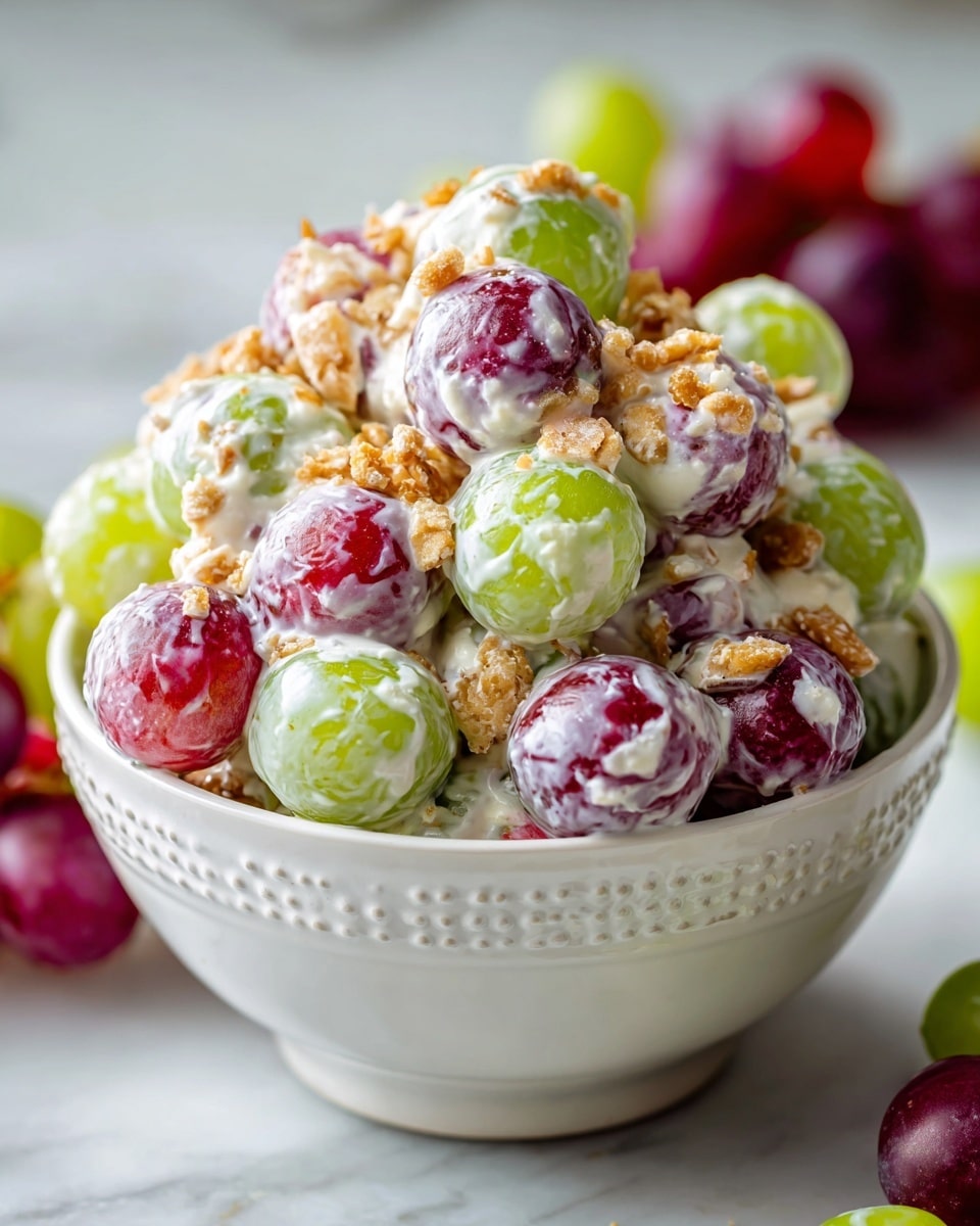 A close-up of a white bowl filled with a creamy fruit salad made of red, green, and blue grapes all covered in a smooth white yogurt-like layer with small brown nut pieces sprinkled on top, placed on a white marbled surface with blurred grapes and nuts in the background, photo taken with an iphone --ar 4:5 --v 7