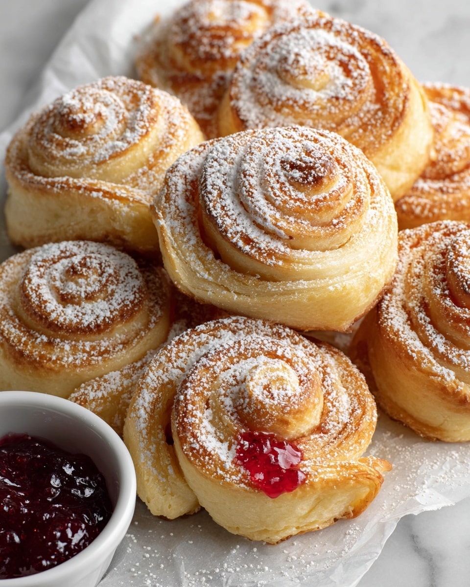 The image shows several pastry roses arranged closely together on a white marbled surface. Each rose has multiple layers of thin, golden-brown dough folded and rolled to resemble flower petals. A light dusting of white powdered sugar covers the top of the pastries, adding a soft texture. One pastry has a small dollop of bright red jam peeking out between the layers near its edge. To the side, there is a small white bowl containing more red jam. The overall scene looks warm and inviting, with a close-up view emphasizing the delicate, layered texture of the pastries photo taken with an iphone --ar 4:5 --v 7