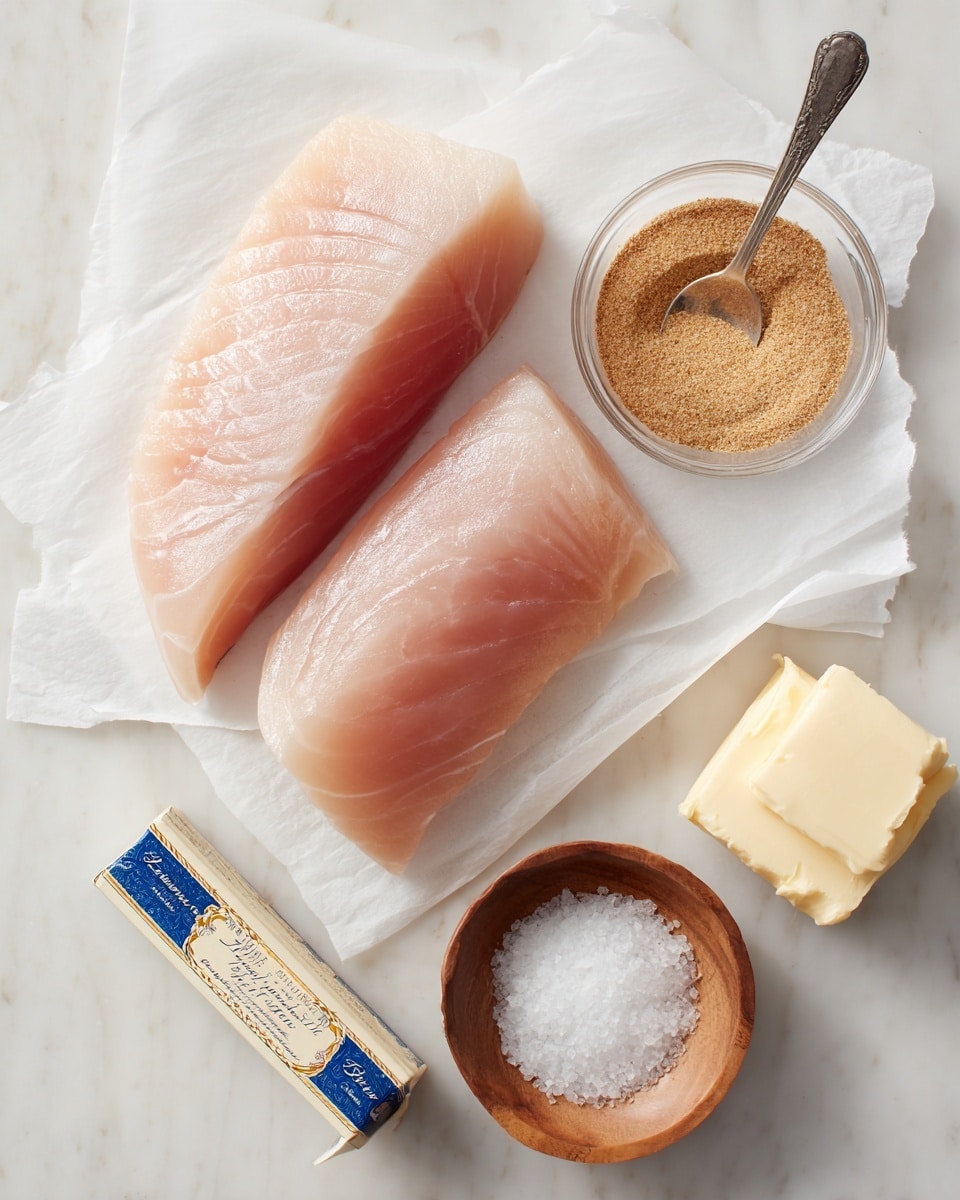 Two raw mahi mahi fillets with light pink and slightly shiny flesh are placed side by side on a piece of white paper on a white marbled surface. To the right, there is a small clear glass bowl filled with light brown Cajun seasoning with a silver spoon inside it. Below that is a small round wooden bowl containing white salt crystals. At the bottom of the image is a rectangular stick of butter in its white wrapper with blue and gold text. Photo taken with an iphone --ar 4:5 --v 7