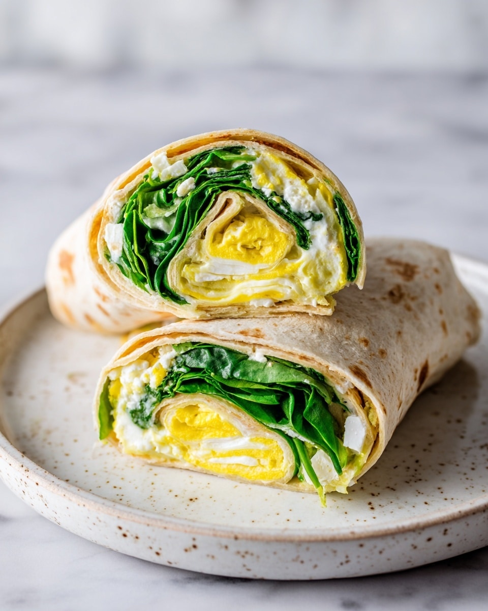 This image shows a wrap cut in half and stacked on a white plate with small scattered white crumbs around it on a white marbled surface. The wrap has about five visible layers: the outer layer is a light brown soft tortilla, inside that there is a folded yellow egg layer with a slightly browned edge, then a layer of thin light brown meat, followed by fresh bright green spinach leaves, and finally a crumbly white cheese spread throughout. The wrap looks fresh and tightly rolled. Photo taken with an iphone --ar 4:5 --v 7
