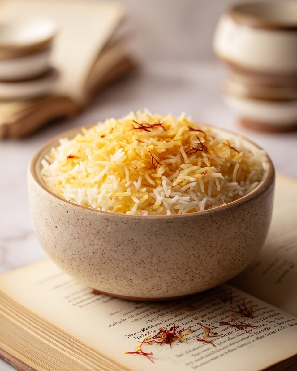 A close-up of a bowl filled with fluffy white rice with a layer of yellow saffron threads scattered over the top, creating a soft gradient from white to yellow. The bowl is ceramic with a light speckled texture and a slightly rough edge, sitting on a surface covered with white marbled texture and scattered saffron strands around it. In the background, there are parts of other white speckled ceramic bowls and plates, adding an earthy and natural feel to the setting. The lighting is bright and natural, emphasizing the textures and colors of the rice and saffron. photo taken with an iphone --ar 4:5 --v 7