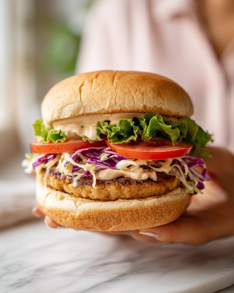 A sandwich held by a woman's hand with a soft light brown round bun on top, underneath it is a cooked golden brown chicken patty, followed by a creamy light beige sauce, then a layer of green lettuce mixed with pale purple cabbage, and at the bottom, two slices of bright red tomato resting on the bottom half of the bun. The sandwich is placed on a wooden board with a white marbled background. photo taken with an iphone --ar 4:5 --v 7